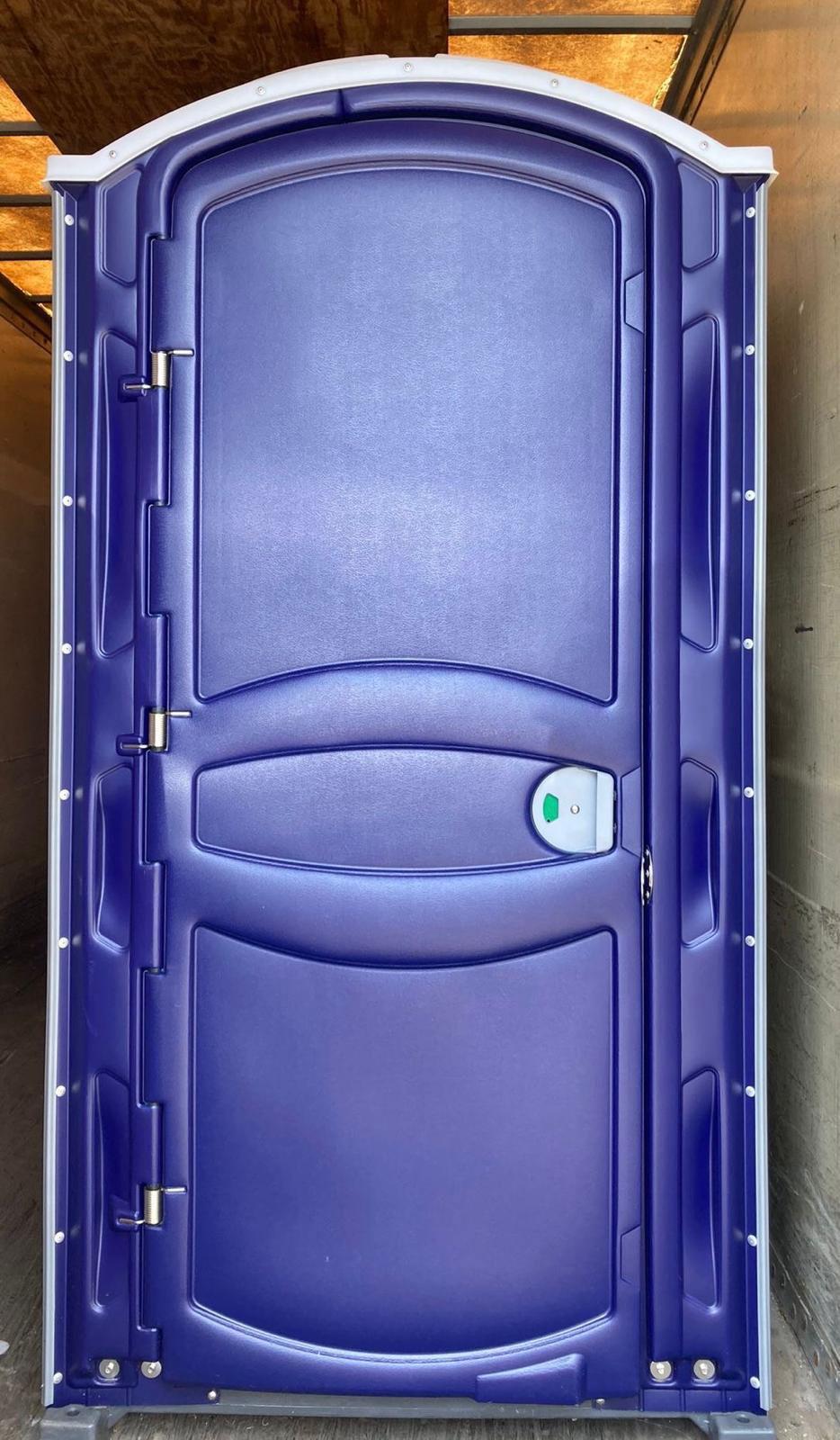 Navy blue portable toilet rental ready for Chicagoland delivery