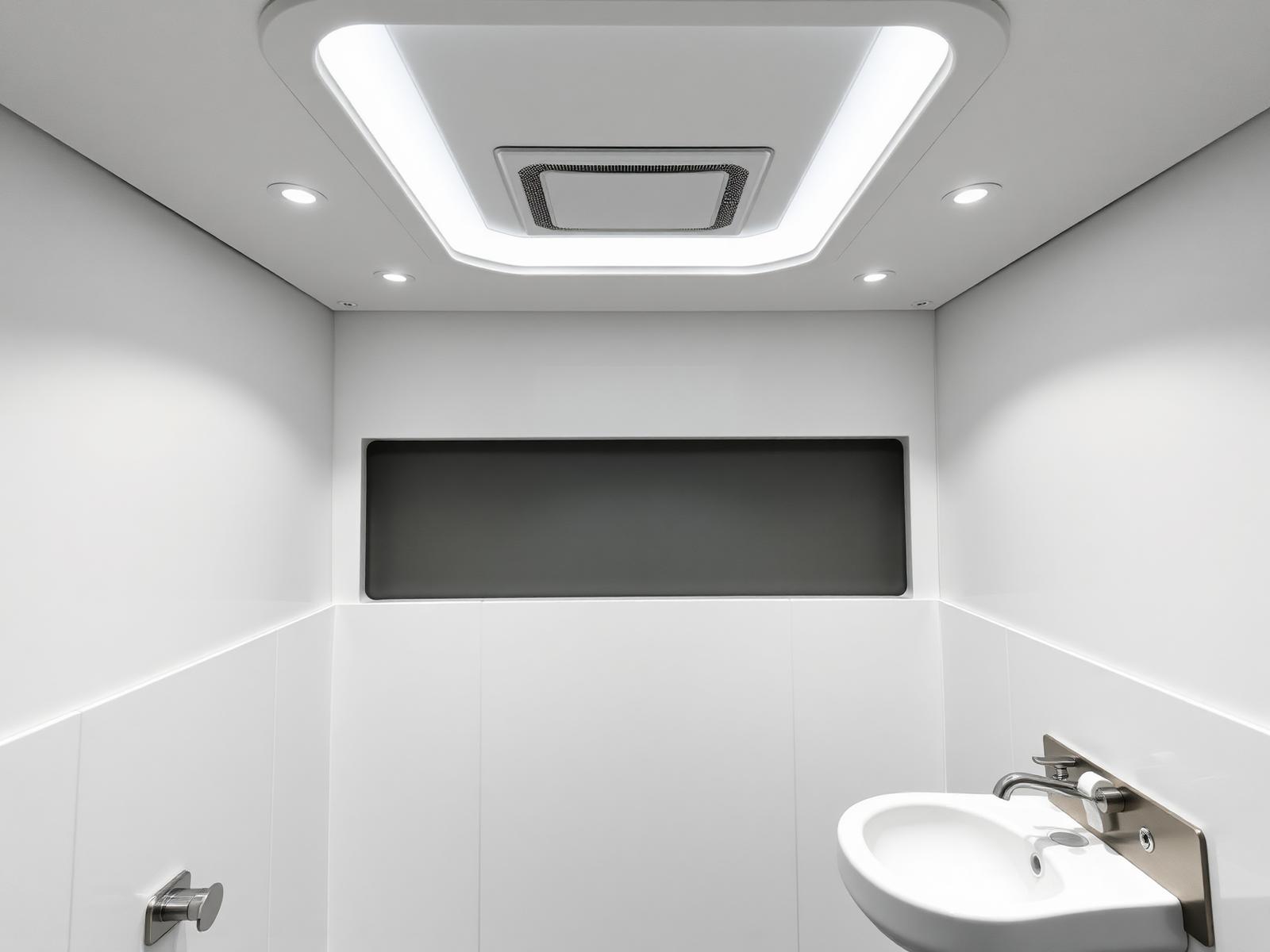 Interior of a luxury portable restroom with LED lighting and handwashing sink